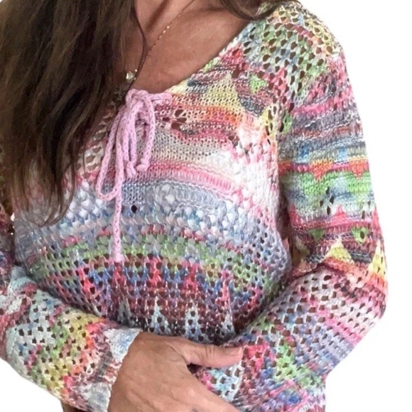 Tops - Laseine Open Knit Long Sleeve Cover-Up Top Colorful Vacation Resort Wear Beach